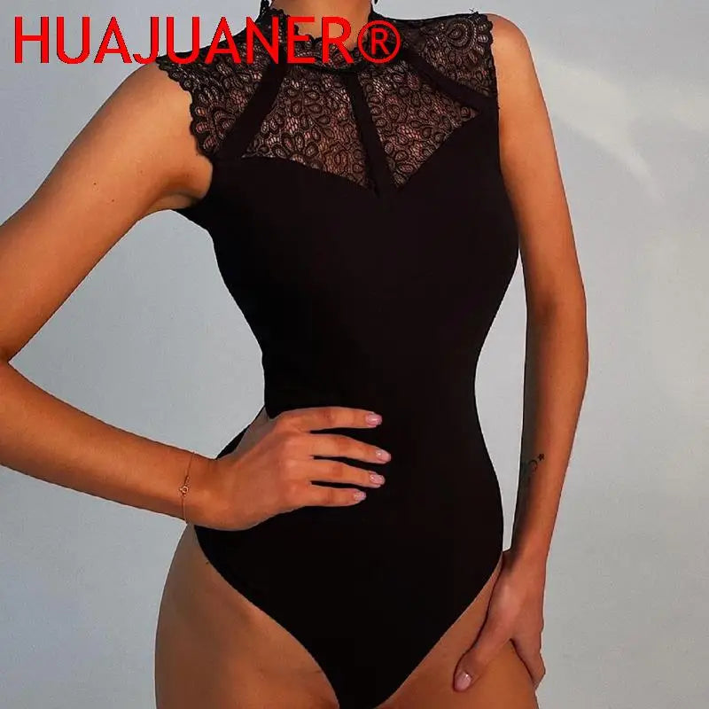 Women Sexy Black Lace Bodysuits Rompers Sleeveless Slinky New Fashion Bodycon Wrap Bodysuit