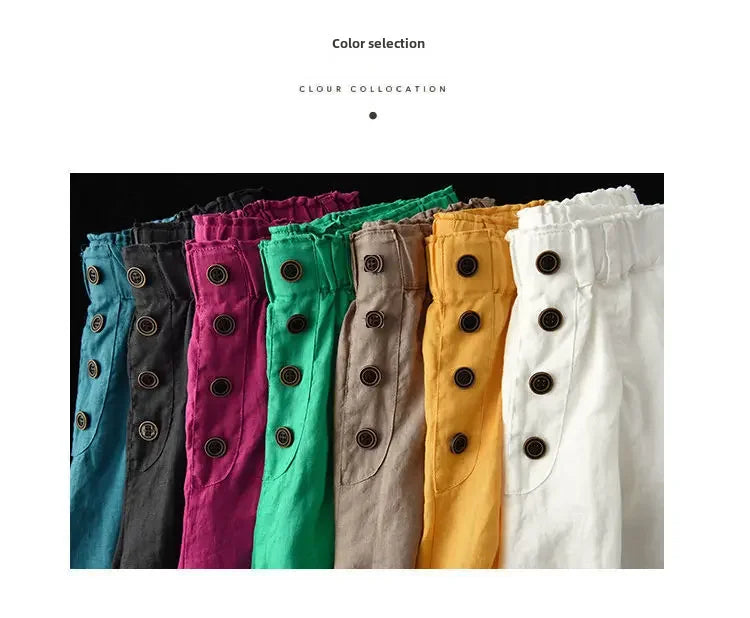 Vintageartistic High-waisted Slimming Cotton Linen Shorts For Women Casual Loose-fit Bell Bottoms 2024 New Style