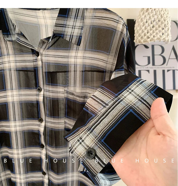 2024 New Red Black Checkered Long Sleeve Sunscreen Shirt for Women's Spring and Autumn, Loose and Lightweight Shirt Top Outer