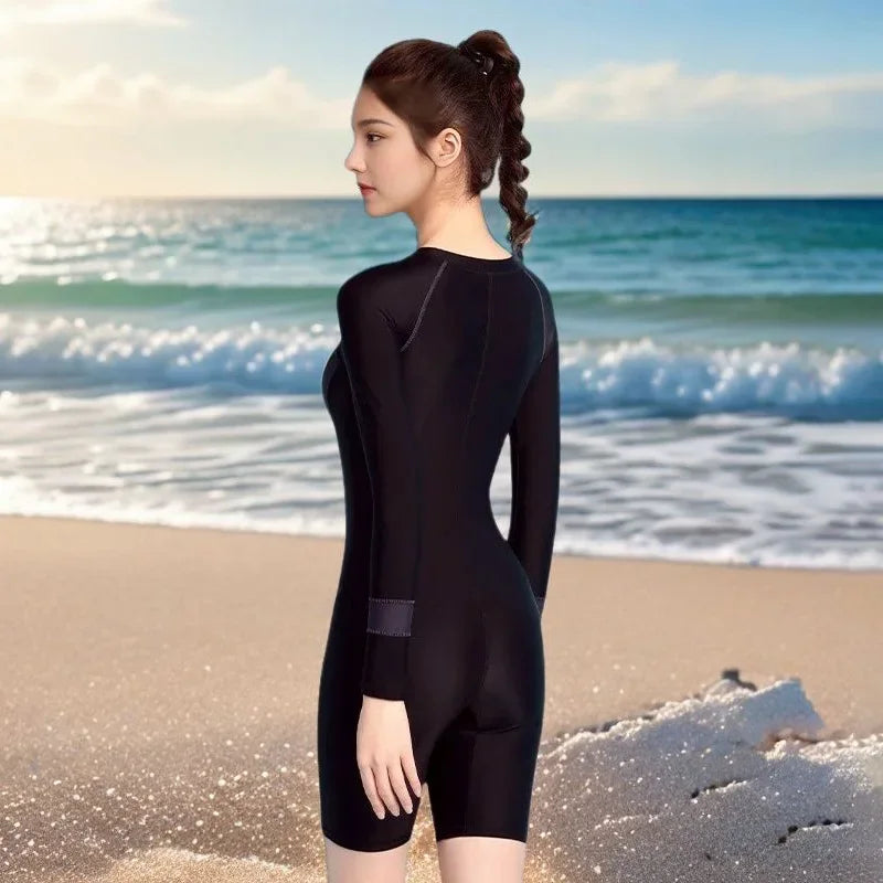 Conservative One-Piece Swimsuit for Women Long Sleeve Thermal Spa Swimwear Slimming Hide Meat Effect Surfing Thermal Spa Swimsui