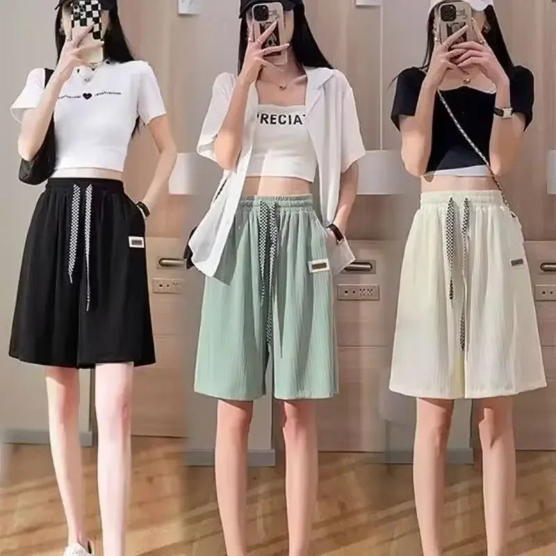 2024 Summer New Men's Women's Hong Kong Style Simple Basic Straight-Leg Casual Ice Silk Draped Shorts