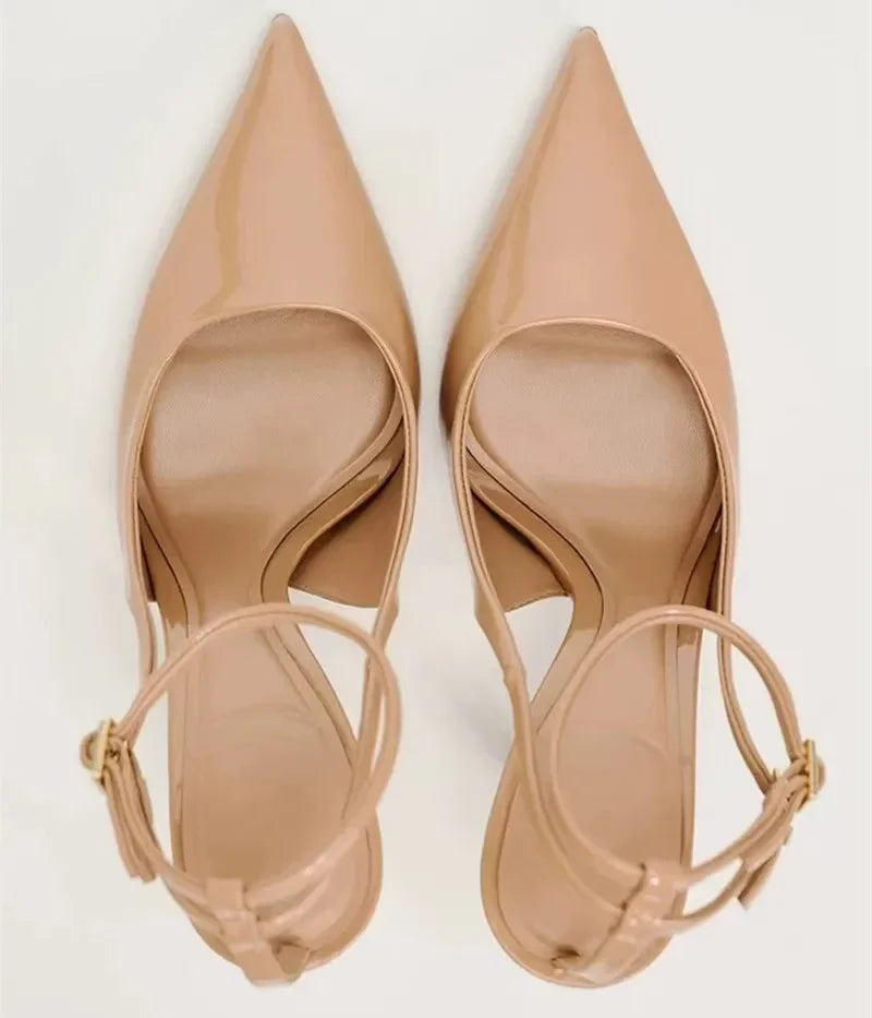 Nude Patent Leather Ankle Strap Buckle Women Pumps Sexy Pointed Toe Stiletto Heels Summer Stiletto Heels Party Shoes Sandalias