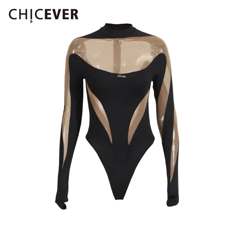 CHICEVER Sexy See Through Jumpsuit for Women Stand Collar Long Sleeve Colorblock Hot Girl Style Playsuit Female Summer Clothing