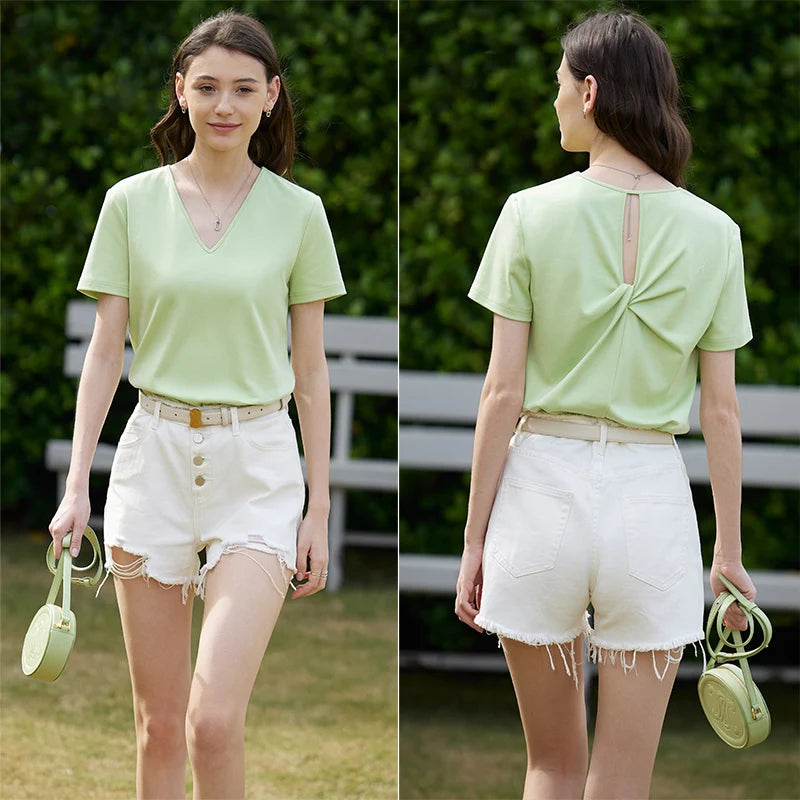 AMII Minimalism 100% Cotton Hollow Out Solid Short Sleeves Tees 2025 Spring New V Neck Top Women Casual Female T Shirt 12342289