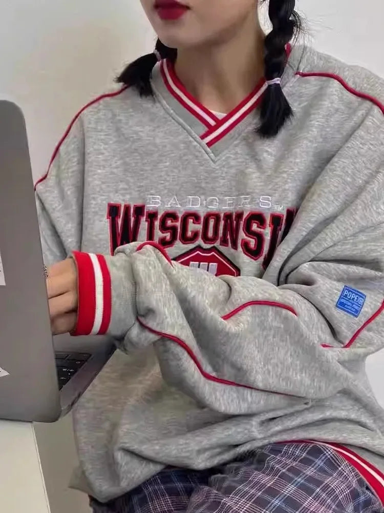 Retro American V-ne Letter Embroidery Pure Cotton College BF Sle Loose Fit Thin Hoodie Women's Autumn Baseball Jaet