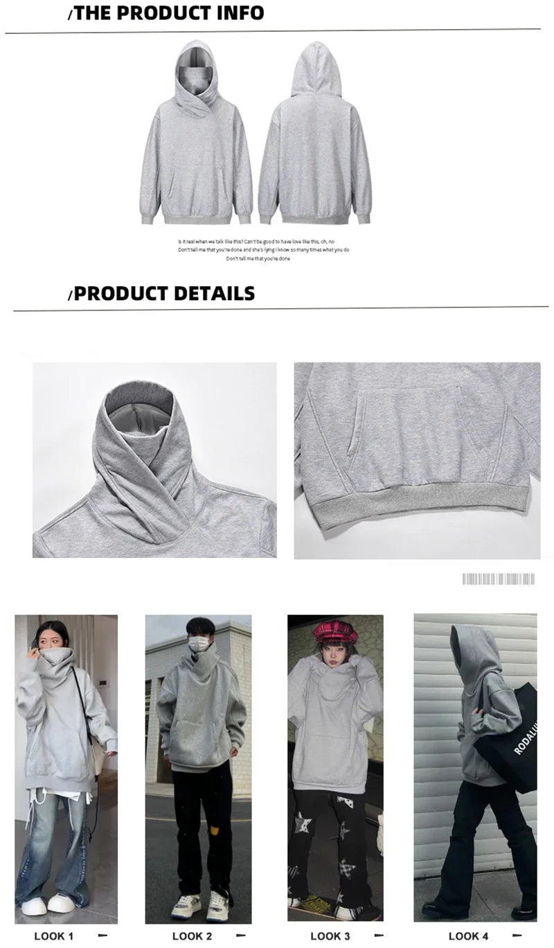 Autumn Solid Color Ninja Turtleneck Hoodies For Men Y2K Vintage Fleece Sweatshirts Hip Hop Japanese Streetwear Oversized Hoodie