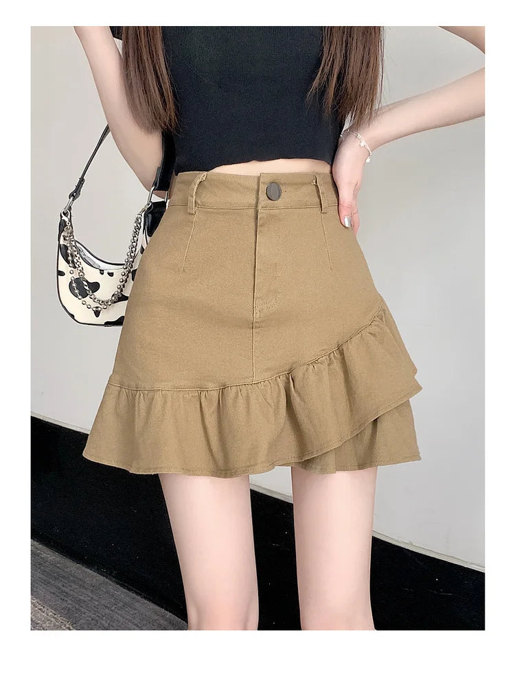 High Waist A-Line  Skirt Women's Spring Summer Denim f-length Skirts with Lace Hemline Cotton Polyester Blend