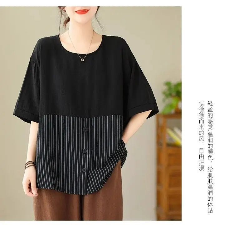 Summer New Plus Size Women's Fashion Striped Patchwork Tops Tees Youth Short Sleeve Loose Vintage T Shirts Casual Trend Clothing