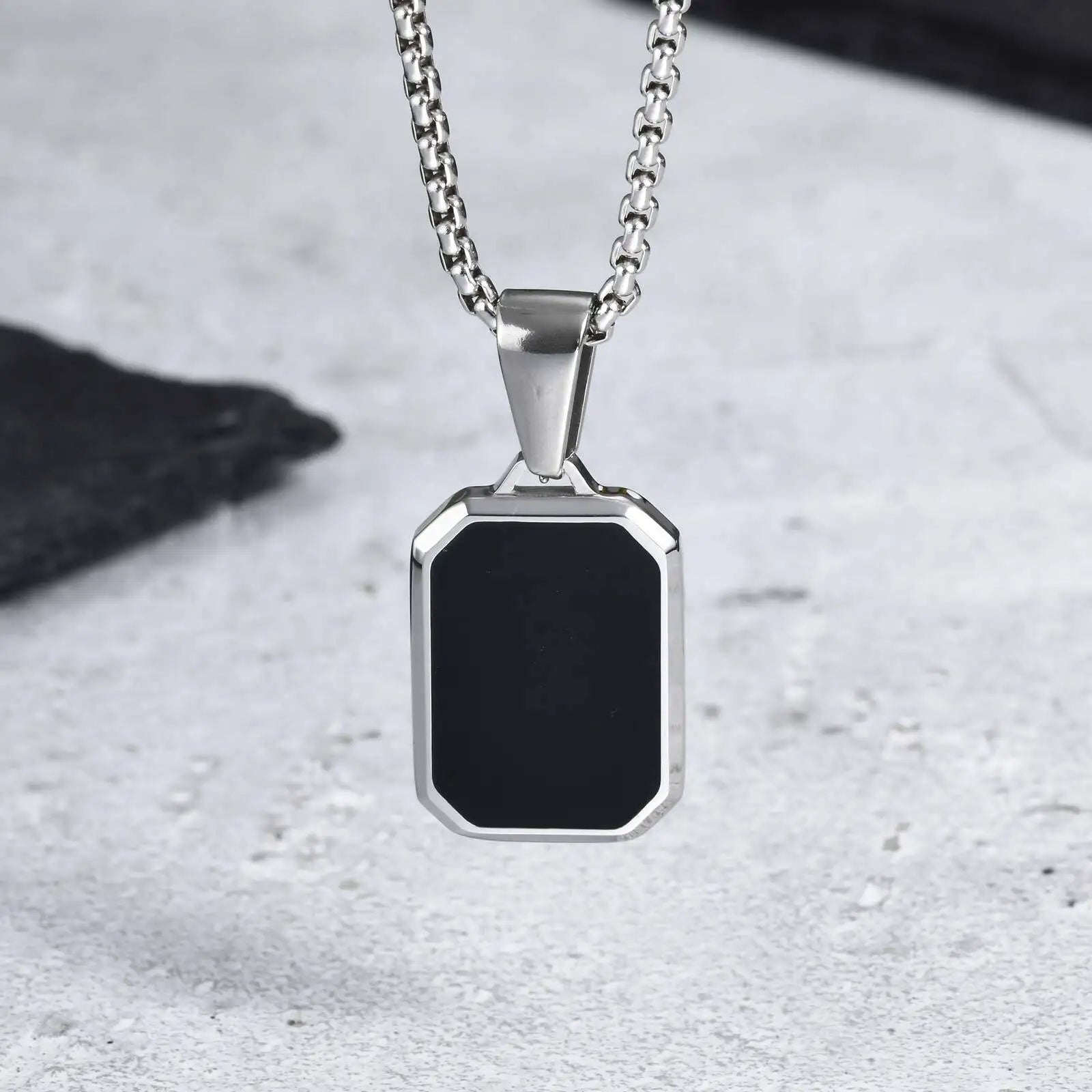 Casual Black Enamel Necklaces for Men,Waterproof Stainless Steel Square Pendant Necklace,Simple Fashion Male Collar Jewelry Gift