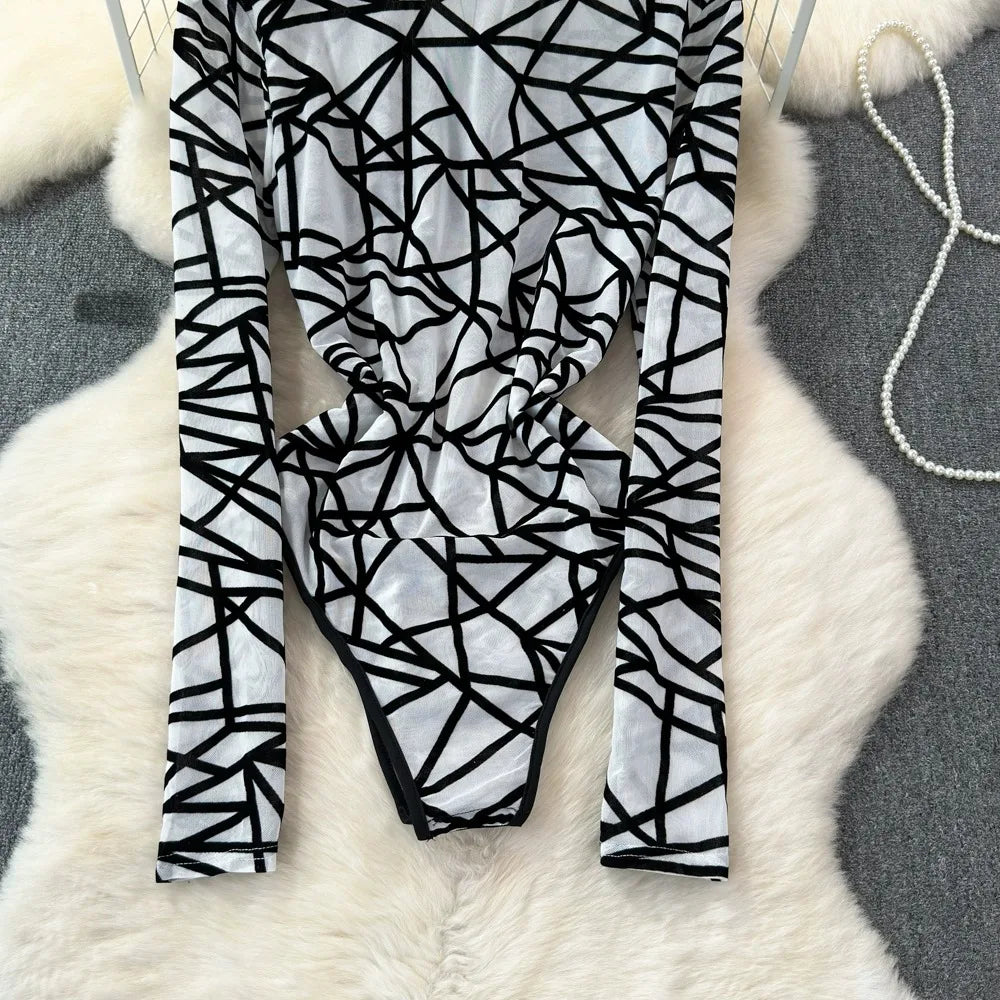 Foamlina Sexy Hollow Out Mesh Bodysuits for Women Fashion Striped Print Stand Collar Long Sleeve Slim Fit Club Party Jumpsuits