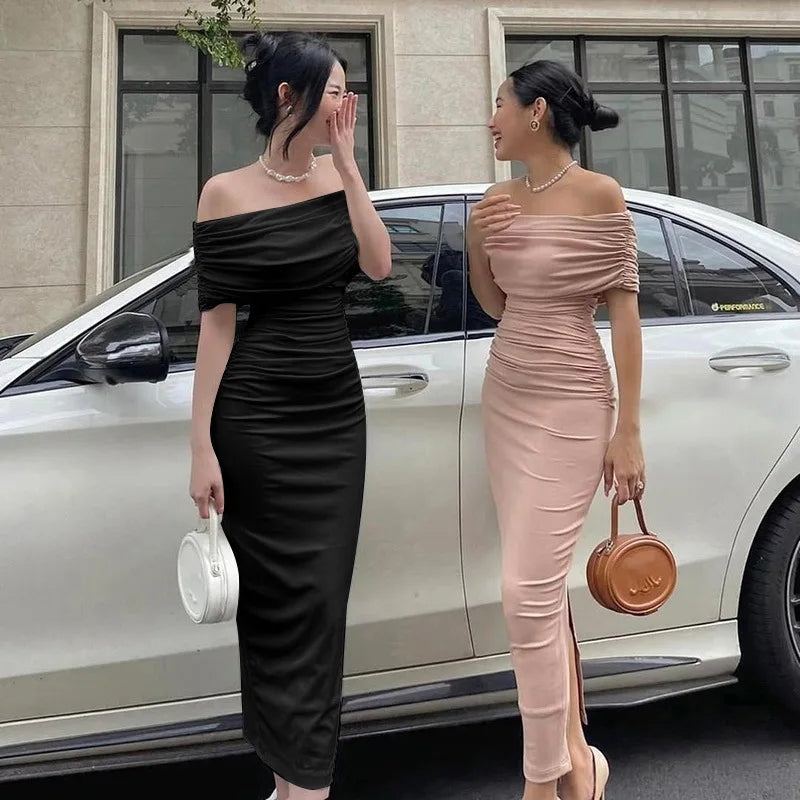 Spring European and American One Shoulder Pleated Dress Slim Fit and Slim Slim Slim Split Bottom Dress Long Dres