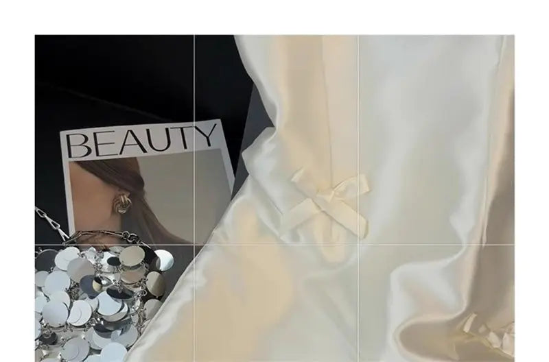 Women Elegant Mini Dress Satin Bow Decor Sleeveless Square Neck Slim Fit Suit French Style Party Club Night Summer Outfit