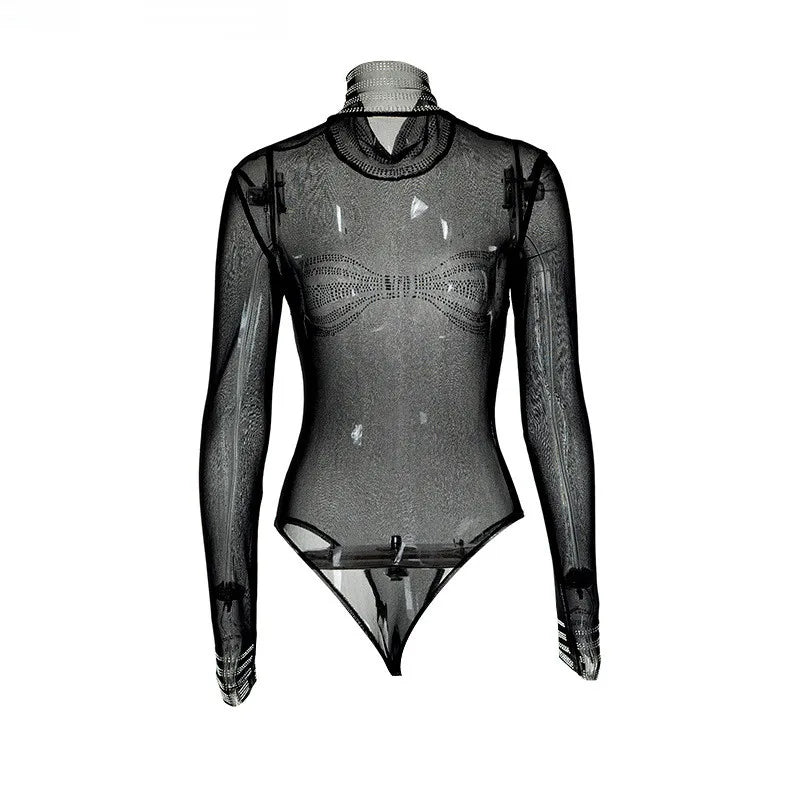 Sexy Bodysuit Lingerie Applique One-Pieces Body Feminino See Through Black Top Women Rave Outfit Turtleneck Lenceria Tranparente