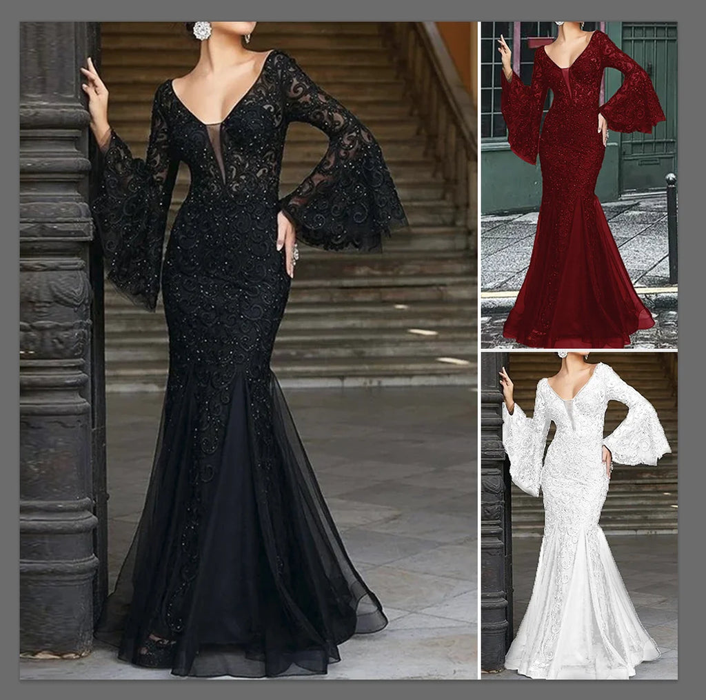 Rafiah Boutique Women's Even Dress 2025 Summer Sophisticated Glamorous Long Dress Long Sleeve V-Neck Wedding Mermaid Hem