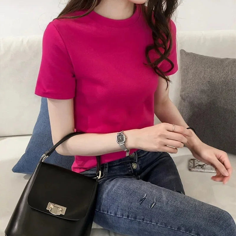 Fashionable Letter Embroidery Short Sleeve T-Shirt Women's Loose-Fit Summer New Style Slimming Base Layer Korean Version