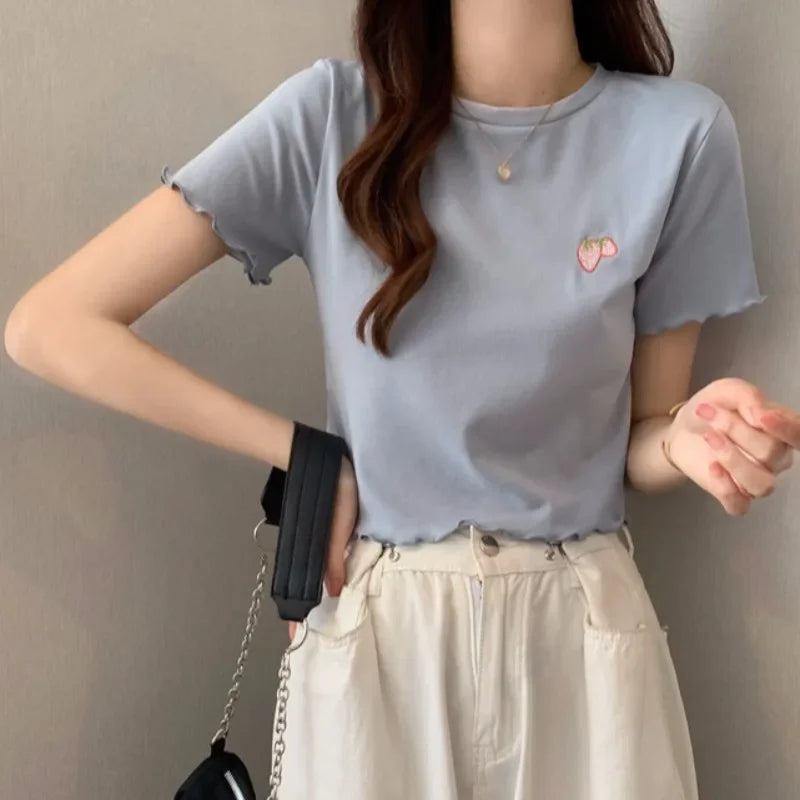 Summer Embroidered Short T-shirt Women Wooden Edge Irregular Slim Short Sleeve Top Plant Pattern Fiber Fabric Elegant Style