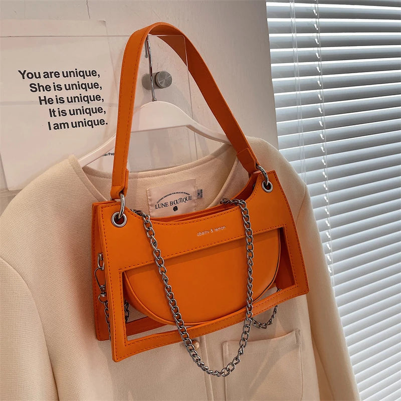 Hollow Out Design Women Underarm Bags Solid Colour Zipper Casual Female Handbags Simple Trend Chain Ladies Trapeze Bags