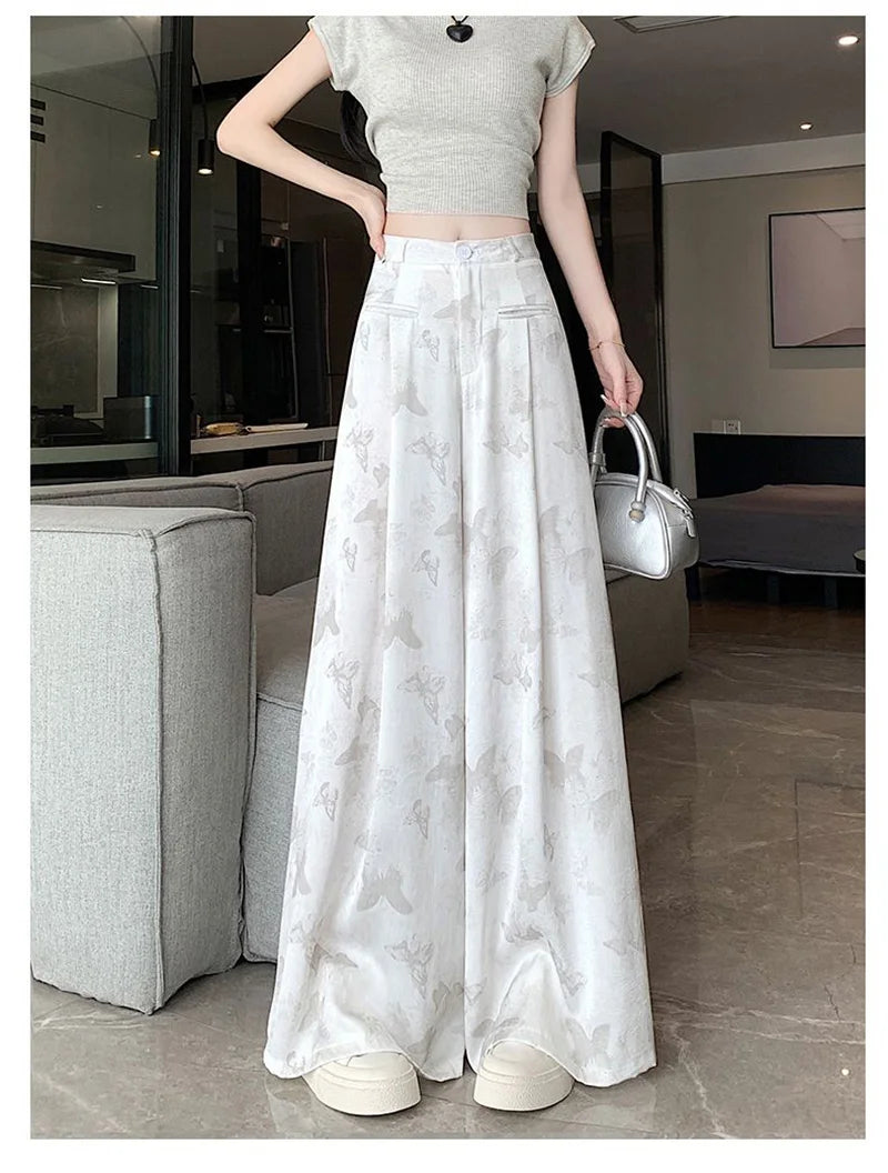 Zoki Bufferfly Print Satin Wide Leg Pant Women Loose Elegant Fashion High Waist Korean Trousers Casual Sweet High Quality Pants