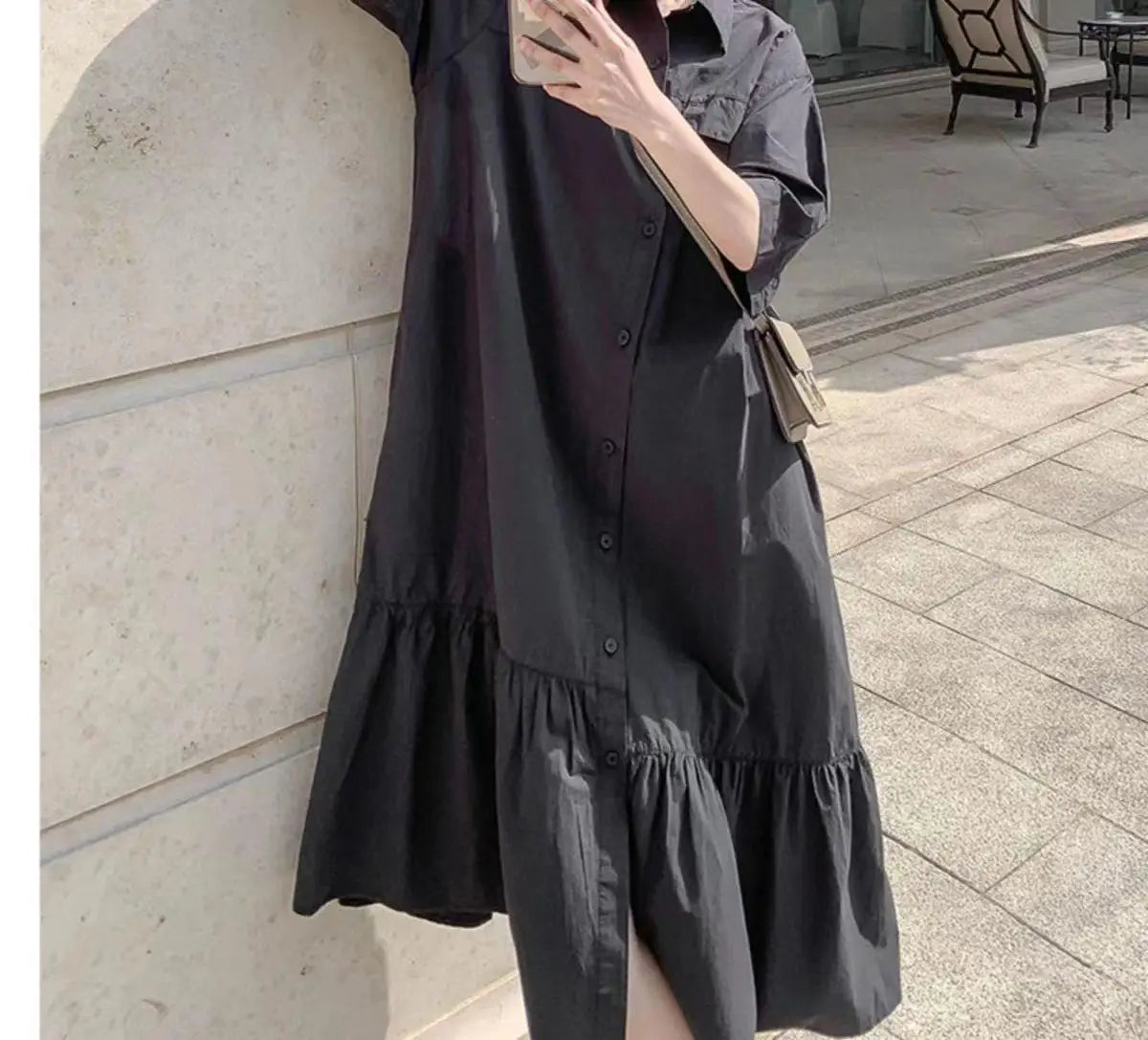 plus Size Khaki Shirt Dress Women Casual Summer Loose Fit High Waist A-Line Skirt Long Sleeve Polo Collar Polyester Fiber