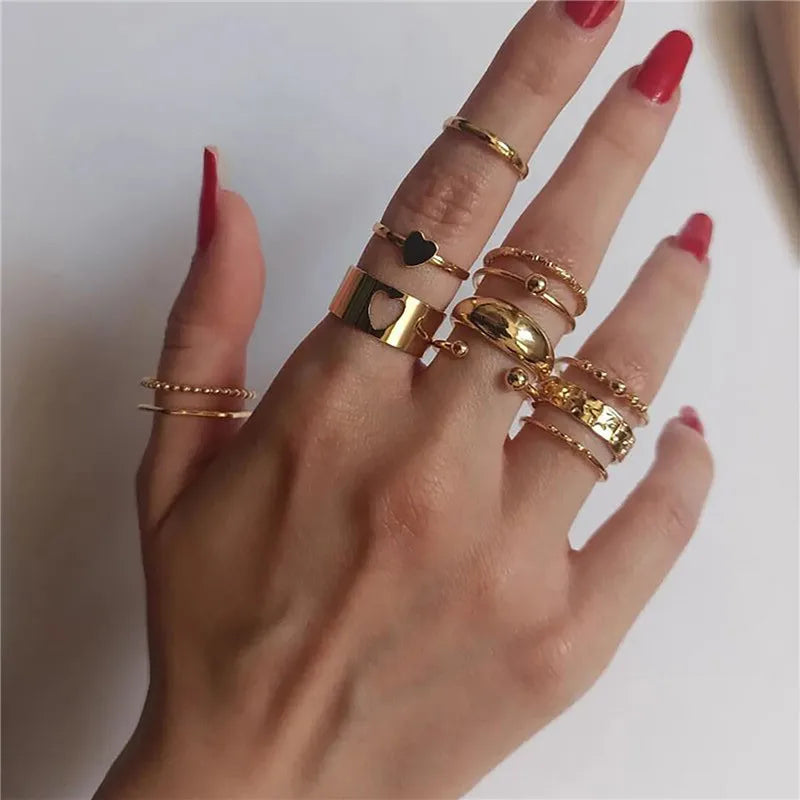 Vintage Shiny Zircon Butterfly Heart Ring Set Gold Color Boho Elegant Eyes Moon Geometric Rings Women Party Jewelry