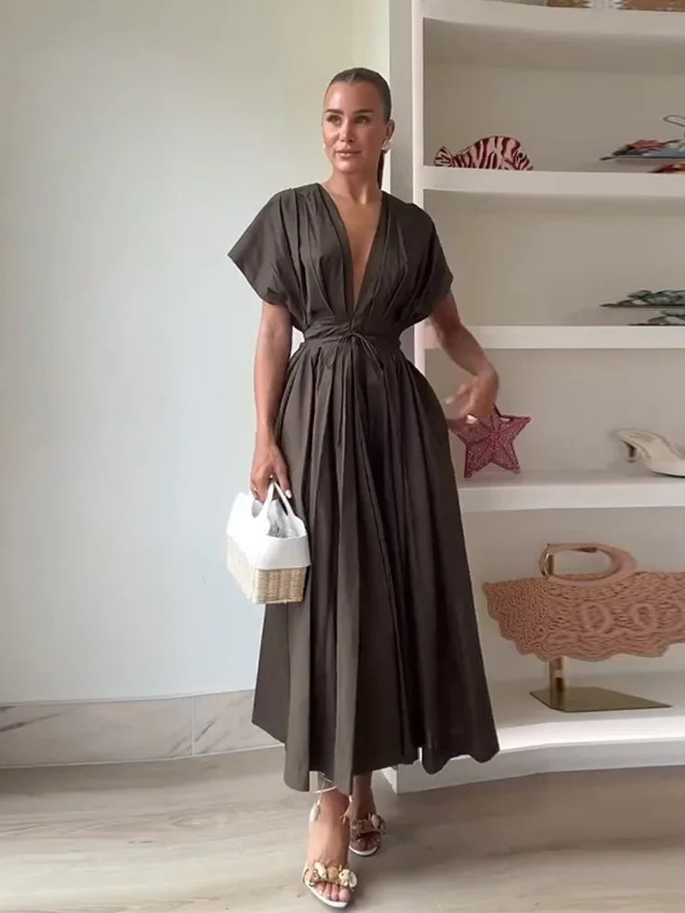 Summer Pleated A-line Midi Dress Women's Casual Lace Up Loose High Waist Solid Robes 2025 Office Lady Commute Street Vestidos