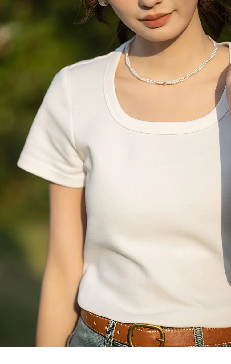 MISHOW Short Sleeve T-shirts Women Spring Solid Square-neck Top Elegant Woman Clothes Office Lady Cotton Tees MXC12T0641