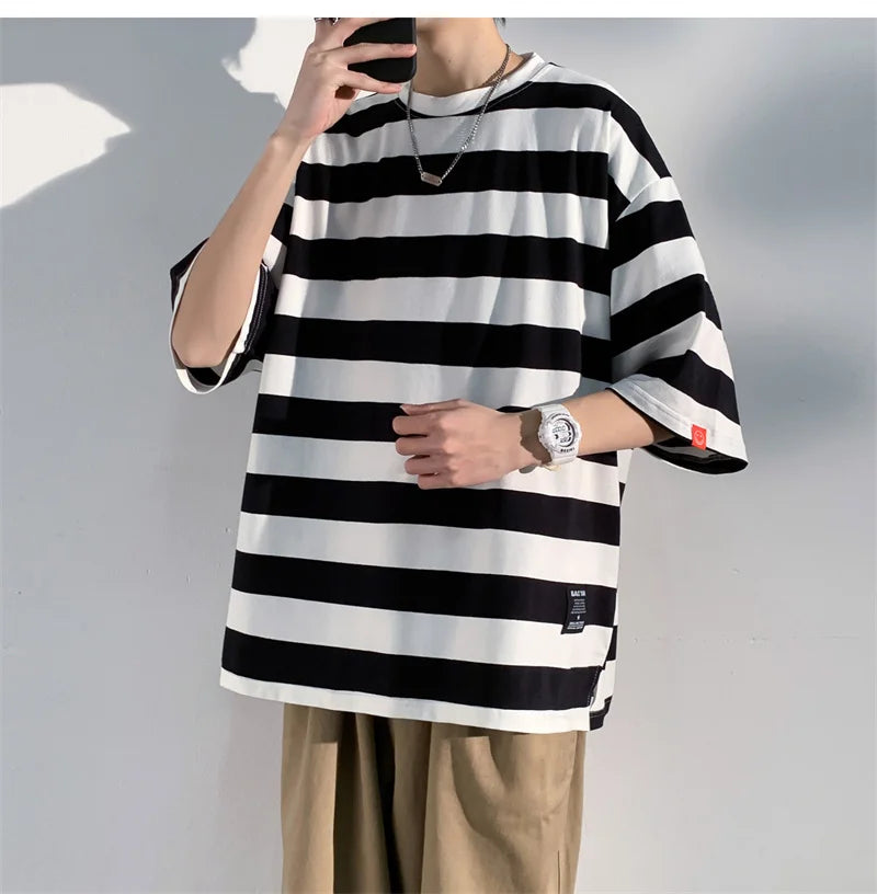 Men's Cotton T-shirt Striped Mens Oversized T Shirts Split Hem Fashion Tee Shirts Casual Wear Summer Tshirt 5XL Big Size for Man