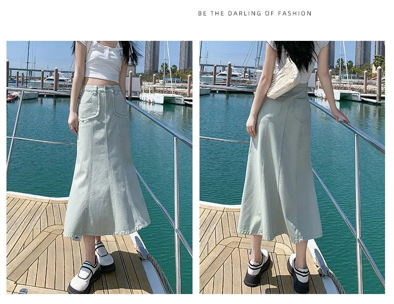 GUUZYUVIZ Denim Skirts Womens Summer Casual High Waisted Pocket Midi Skirt Ladies Korean Fashion Mermaid Skirt Female