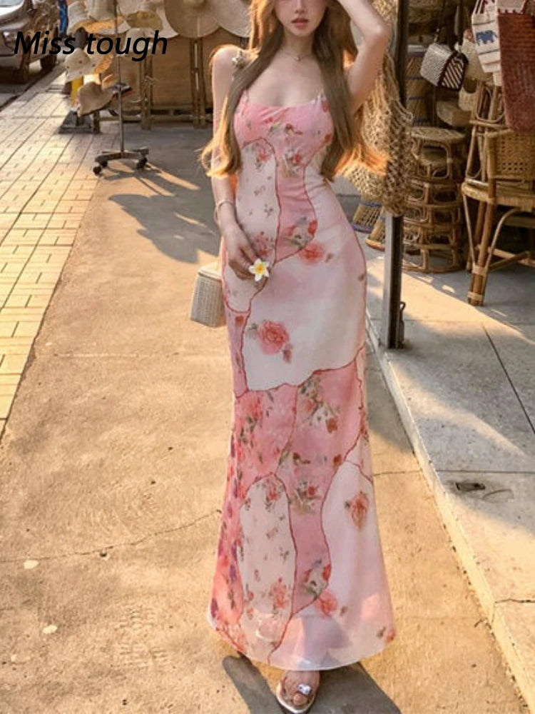 Summer Floral  Boho Dress Women Sleeveless Slim Fit Party Midi Dress  Mesh Patchwork Long Bodycon Elegant Beach Holiday Dress