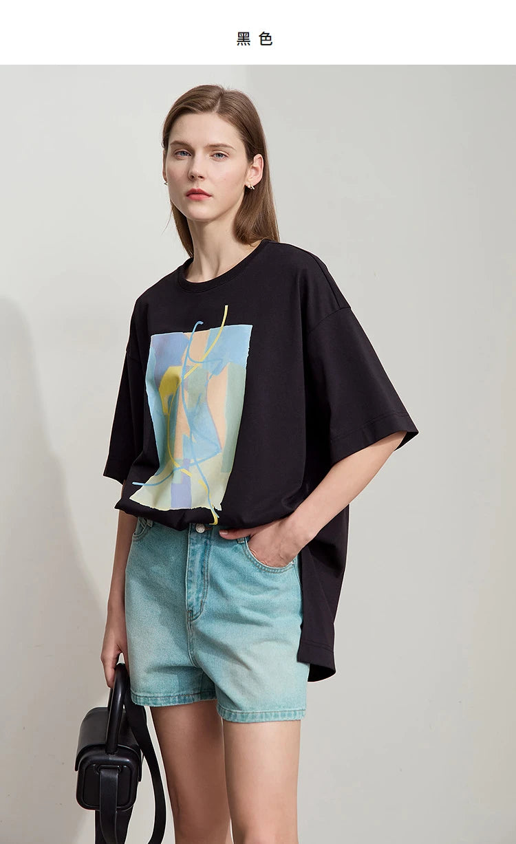 Amii Minimalist Summer T-shirt Women Irregular Design Tops Casual O-neck Abstract Print Loose Dropped Shoulder T-shirt 12522081