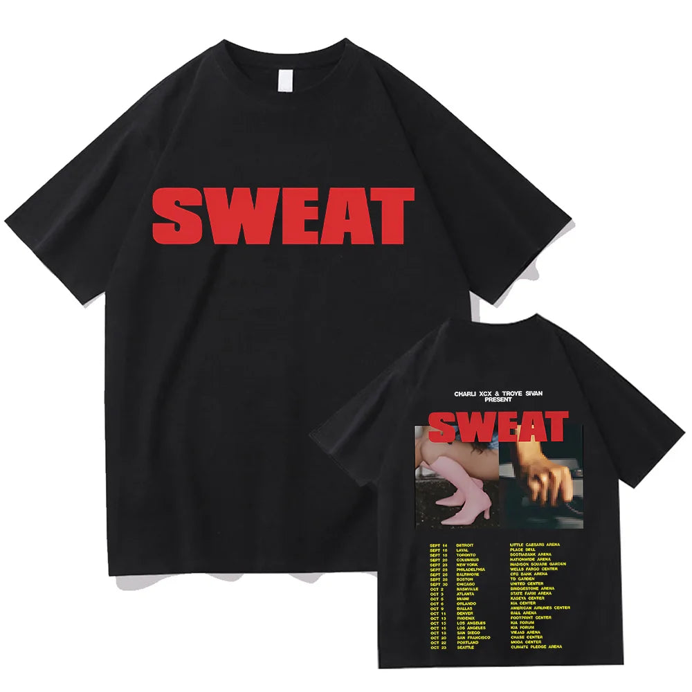 Sweat Tour with Charli XCX and Troye Sivan T-shirts Two Sides Oversized Cotton Tshirts Fashion Women Men Tops High Quality Tees