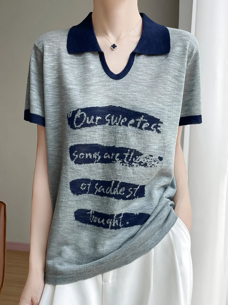 2025 New Large Size Summer Short Sleeve Scissor Collar T-Shirt Women High Grade T-Shirt Fashion Comfortable Leisure T-Shirt Tops