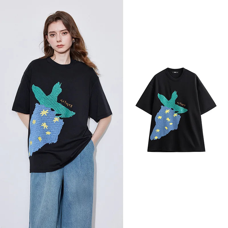 TOYOUTH Women Short Sleeve T-shirt 2025 Spring New Striped Strawberry Embroidered Round Neck Loose Pullover Tops