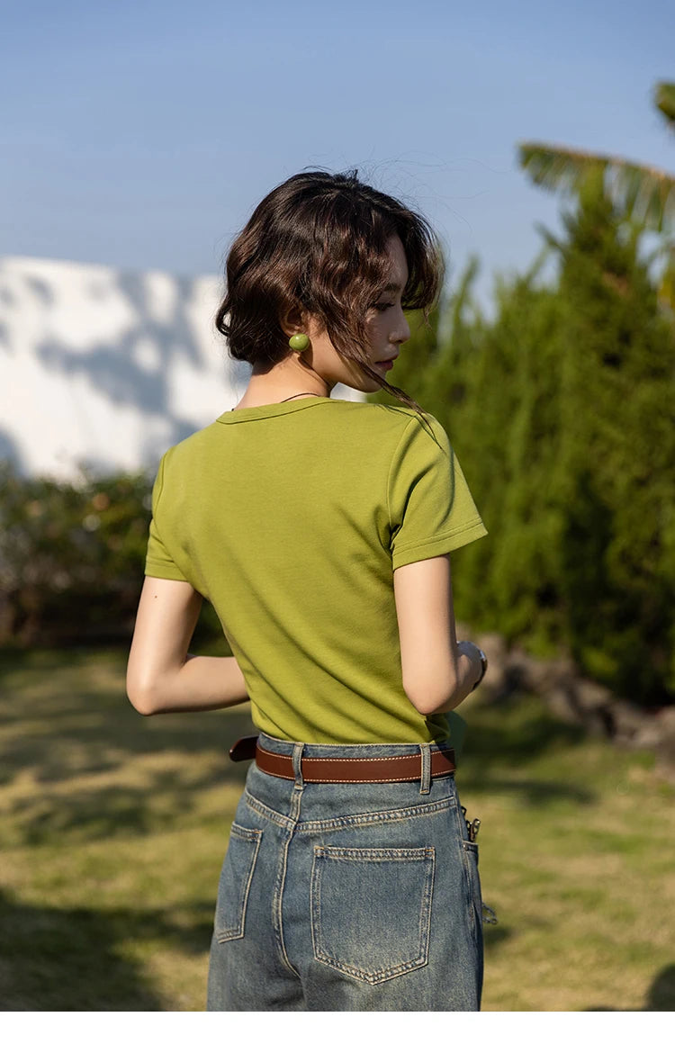 MISHOW Short Sleeve T-shirts Women Spring Solid Square-neck Top Elegant Woman Clothes Office Lady Cotton Tees MXC12T0641