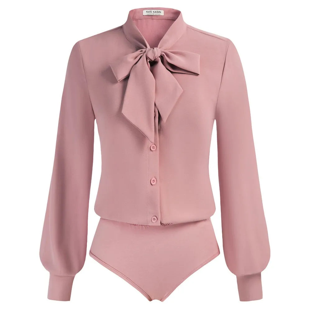 KK Women Bow-Knot Bodysuit Long Sleeve Elastic Waist Shirt Teddy Autumn And Winter Solid Streetwear Office Lady Elegant Jumpsuit