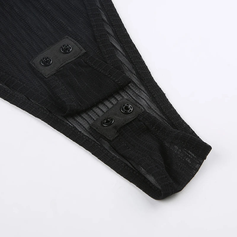 SUCHCUTE Sexy See Though Women T-shirts Gothic Mesh Black Long Sleeve Skinny Bodysuit Dark Fashion Hollow Out Backless Playsuit