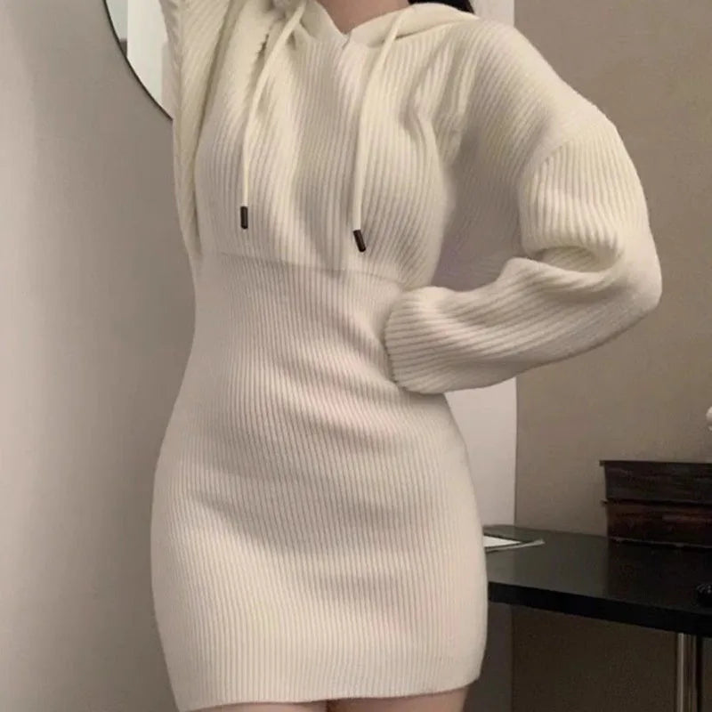 Sexy White Thicken Knit Mini Dress Woman Korean Elastic High Waist Bandage Dresses Women Hooded Outwear Long Sleeve Slim Dress
