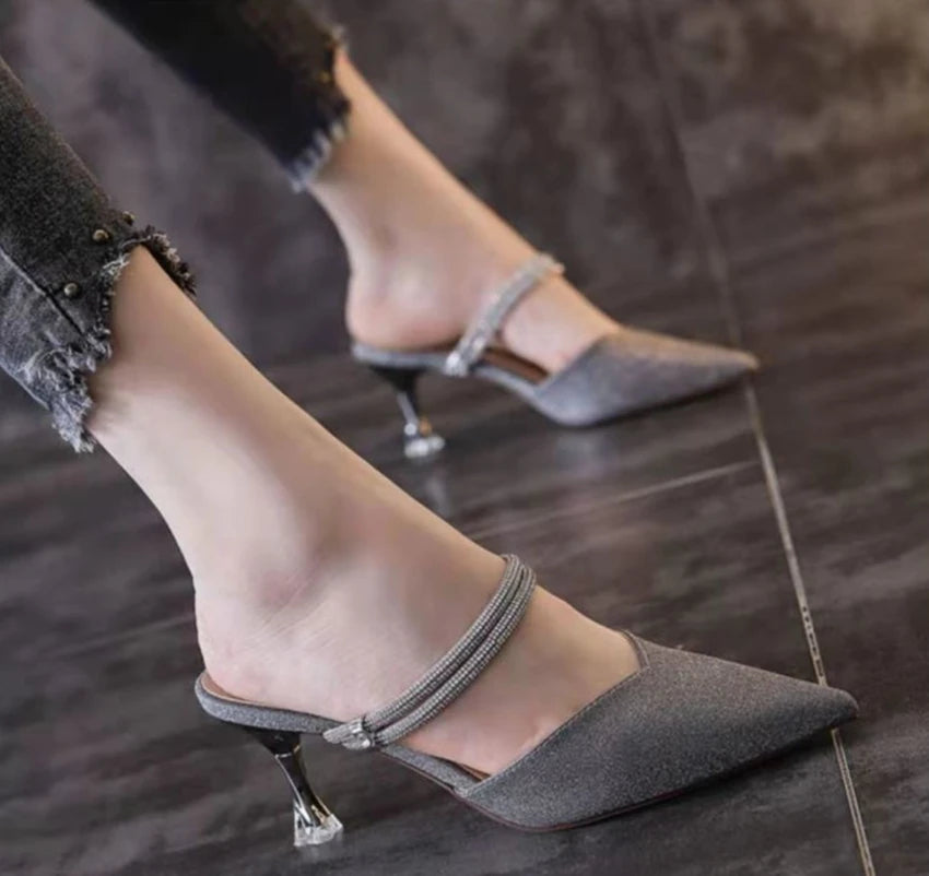 Pointed Toe Sandals for Women Thin Heels Half Pink Woman Shoes High Quality Vip Shoe Cheap Liquidation New Breathable Fashion