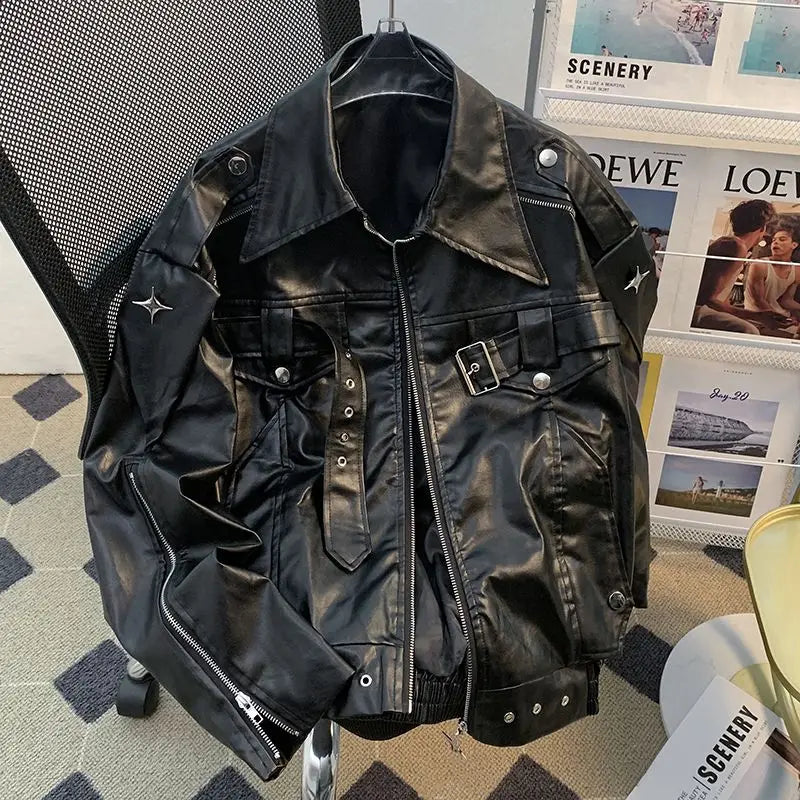 Niche deconstruction Heavy Industry leather jacket for men Spring and autumn design sense loose short motorcycle leather jacket