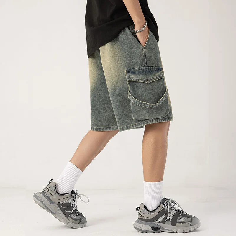 New Cowboy shorts, men's high-end personalized drawstring, loose casual denim five quarter pants, loose oversized wide leg pants