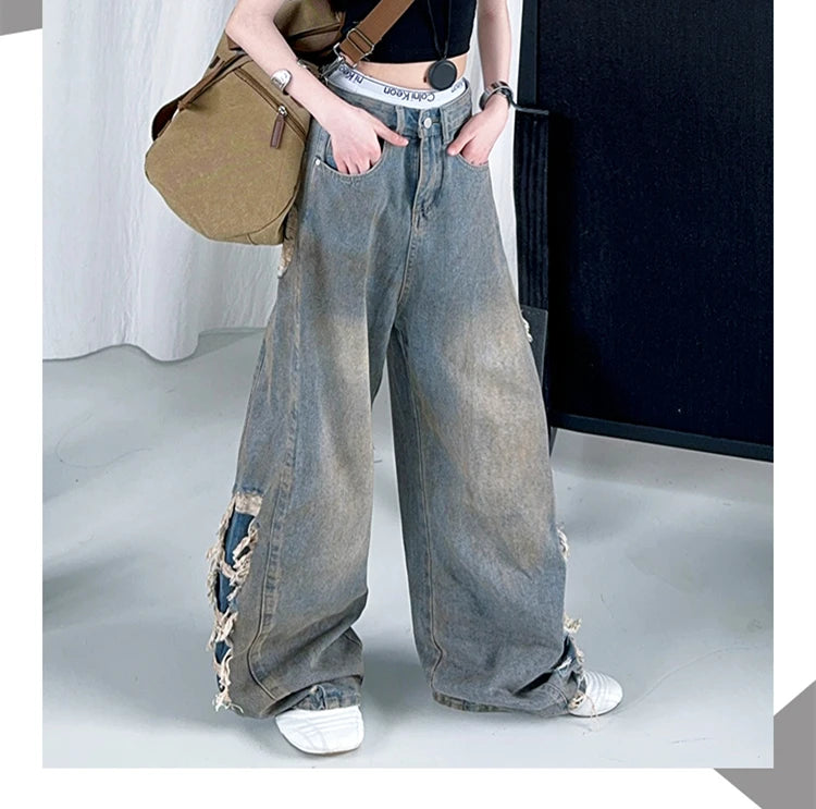 Kids Child American Vintage Washed and Distressed Jeans with Side Hole For Girl High Street Fashion  Wide Leg Broken Denim Pants