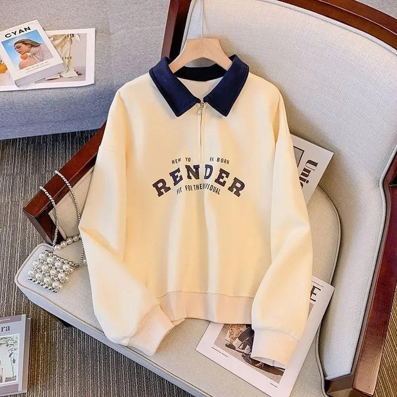 Women's Polo Collar Sweatshirt 2024 Spring Autumn New Color Block Long Sleeve Thin Style Student Top Jacket Foreign Trade