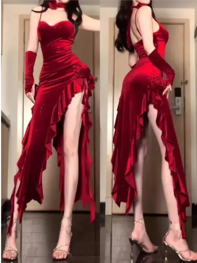 Women Elegant Irregular Ruffles Velvet Red Spaghetti Strap Dresses Sexy Bodycon Side Slit Evening Party Dress Female  Vestidos