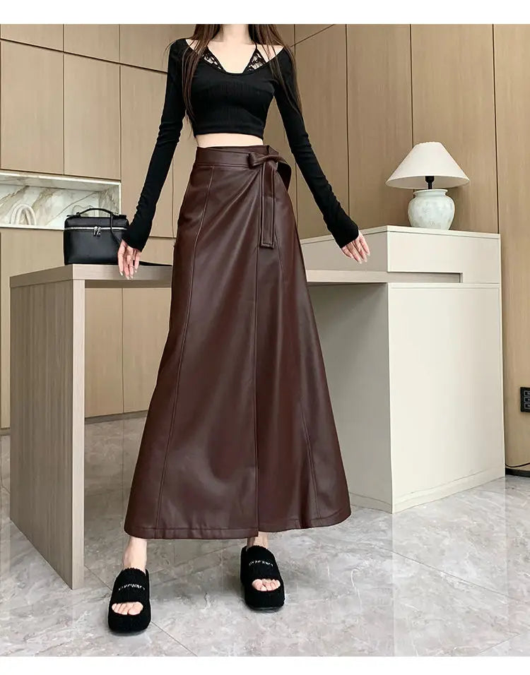 Women Clothing Autumn Winter Vintage Elegant Lace-up PU Leather Long Skirts Female Red High Waist Slim A-line Maxi Skirt Faldas