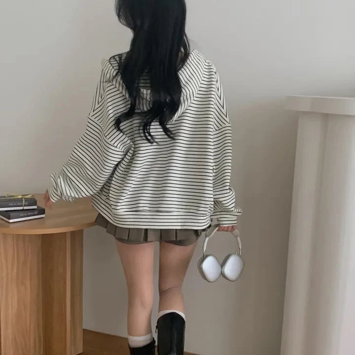 Spring 2025 Women's Chic Loose Casual Lazy Sle Striped Hooded Jaet with ket Open Cardigan Sweatirt Comfortable Fit