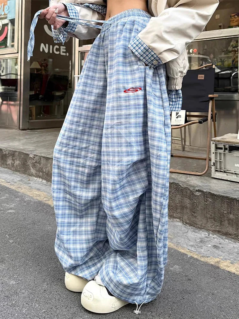 Zoki Streetwear Y2K Plaid Pants Women Vintage American High Waist Scimitar Pants Harajuku Oversize Loose Bf Casual Trousers New