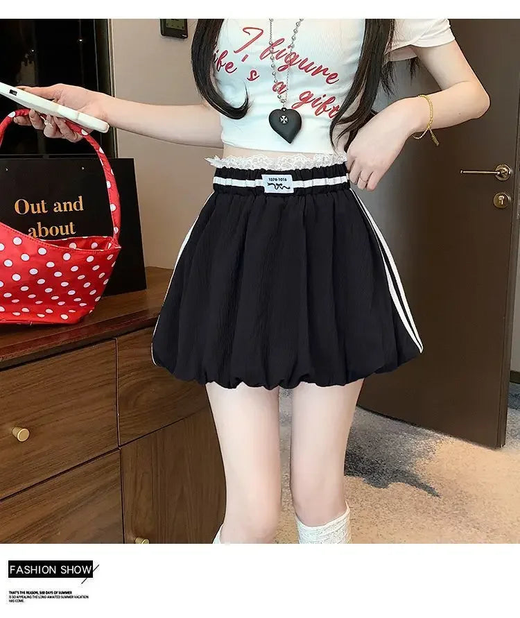 American Style Spliced Lace Stripe High Waist Half Skirt Women Summer Anti Exposure Flower Bud Puffy Short Skirt Polyester Fiber