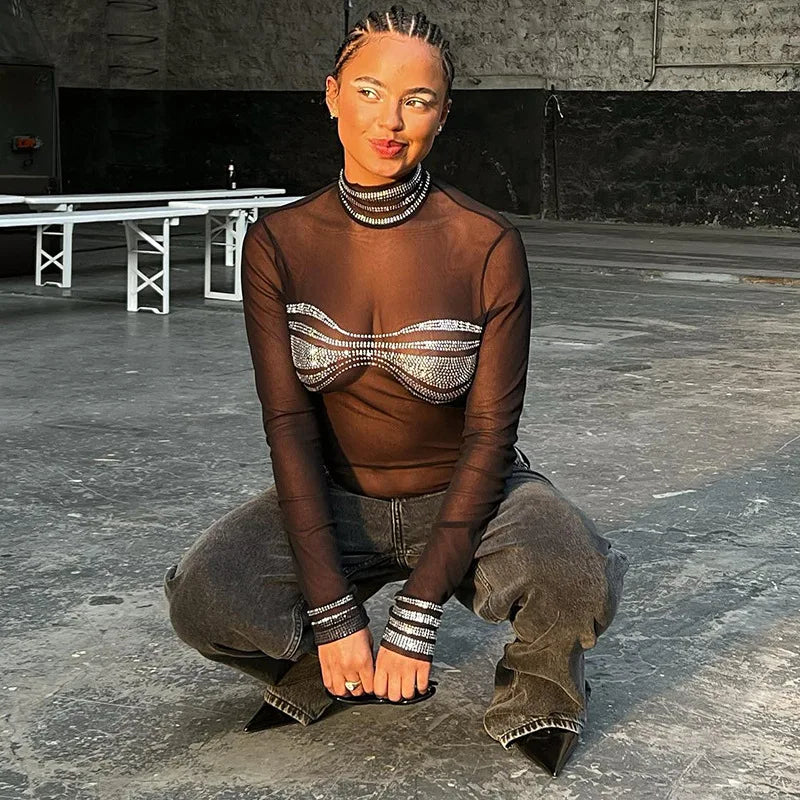 Sexy Bodysuit Lingerie Applique One-Pieces Body Feminino See Through Black Top Women Rave Outfit Turtleneck Lenceria Tranparente