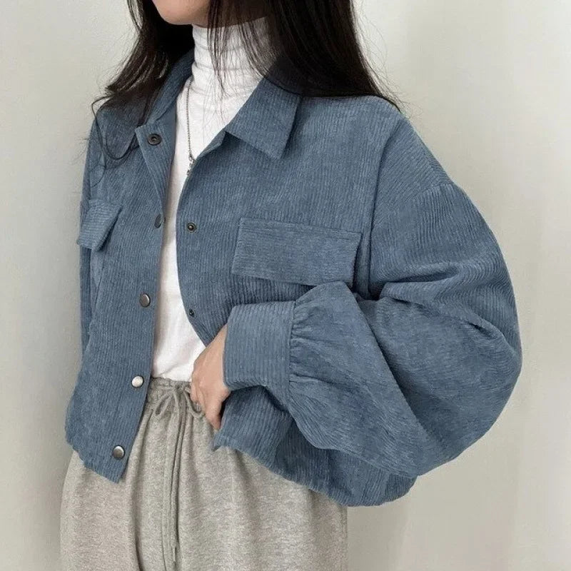 Chic Korean Vintage Simple Lapel Cropped Long Sleeve Shirt Top Corduroy Loose Fit Jacket For Women New Model 2023