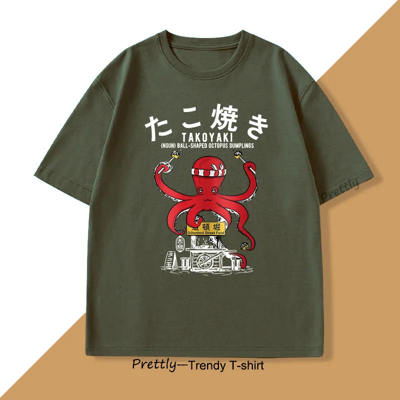 Japanese Takoyaki T-Shirt Octopus Balls Tshirt Street Food Lover Graphic T Shirts Anime Cotton Loose Top Oversized Clothes Top